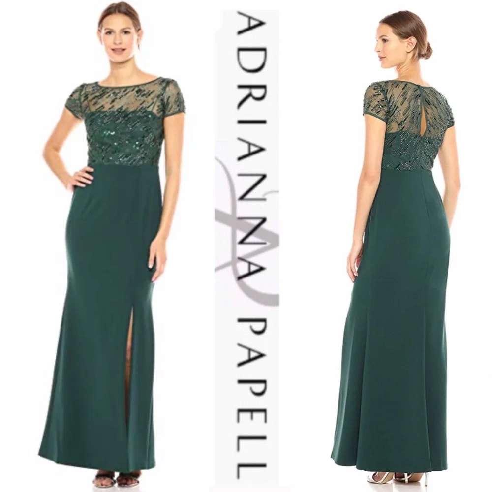 Adrianna Papell beaded short sleeves crepe long dress - Picture 1 of 3